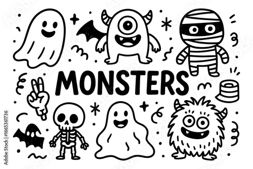 Cute halloween monsters doodle style for spooky fun