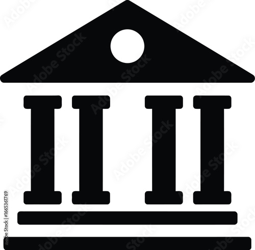 A simple black icon of a building with columns and a triangular roof Eps 10