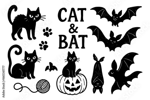 Cute halloween cats and bats in hand-drawn style with pumpkin and yarn