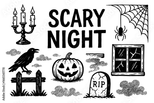 Spooky halloween night elements with candelabra and spider web