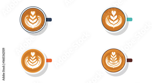 Four cups of coffee with latte art designs on a plain background