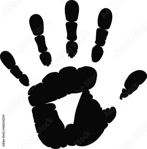 A black handprint on a white background with fingers spread apart Eps 10