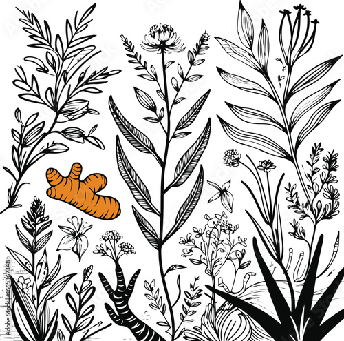 Bold black and white doodle of natural medicinal plants, vector illustration, herbs used in Ayurvedic and herbal remedies, isolated elements 3