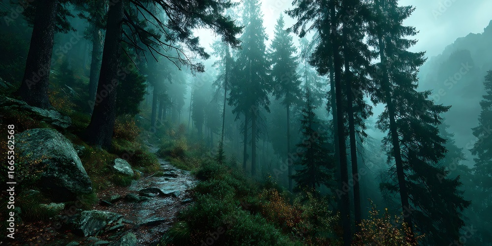 Fototapeta premium Fog entering coniferous forest along hiking trail