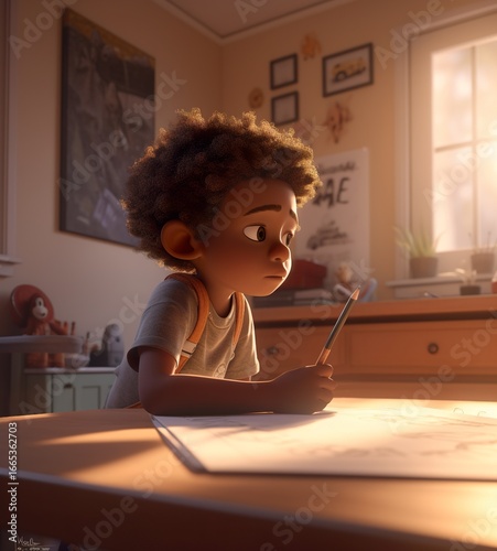 A young child with curly hair sits at a desk, deeply focused on drawing while surrounded by a cozy, sunlit room.