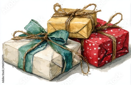 Wrapped christmas gifts with ribbons and twine on white background