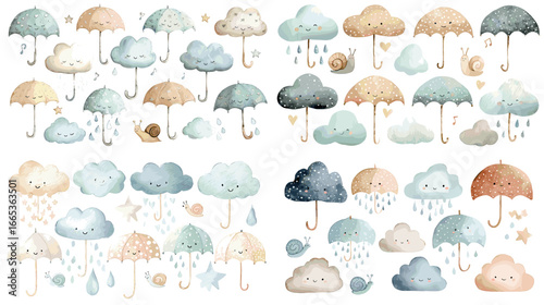 Soft watercolor clipart featuring umbrellas, clouds, and raindrops in gentle pastel tones. Perfect for weather-themed prints, cards, and nursery decor.