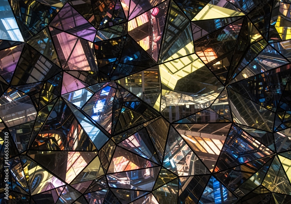 Fototapeta premium Abstract geometric mosaic with colorful reflections and intricate triangular patterns, showcasing a complex design.