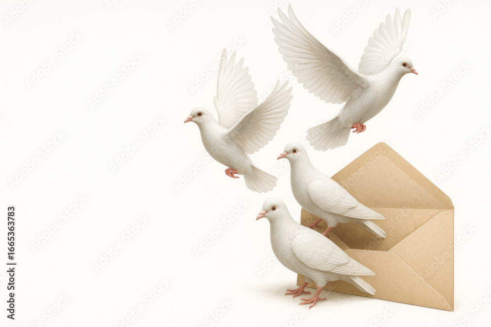 Fototapeta premium White doves fly out of the envelope. Space for text.