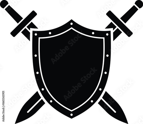 A black shield with two crossed swords on a white background Eps 10