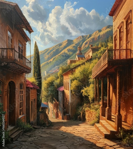 A picturesque street in a charming hillside village surrounded by mountains and lush greenery.