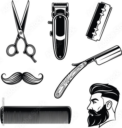 Vintage barber tools and man s portrait with mustache