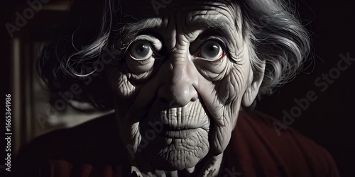 An elderly person with wrinkled skin, wearing a dark hat and brown sweater, subtly moves their gaze and expressions under dramatic indoor lighting.