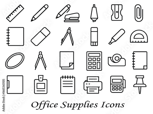 Collection of office supplies icons isolated on white background