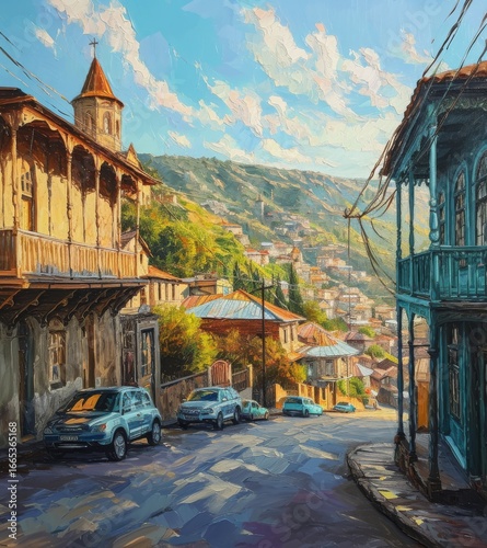 A picturesque view of a hillside town with colorful buildings and a scenic road under a bright sky.