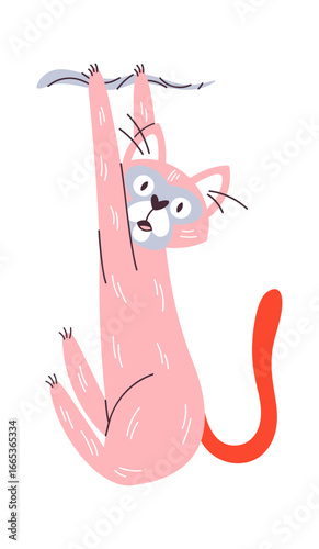 Cat hanging on tree branch
