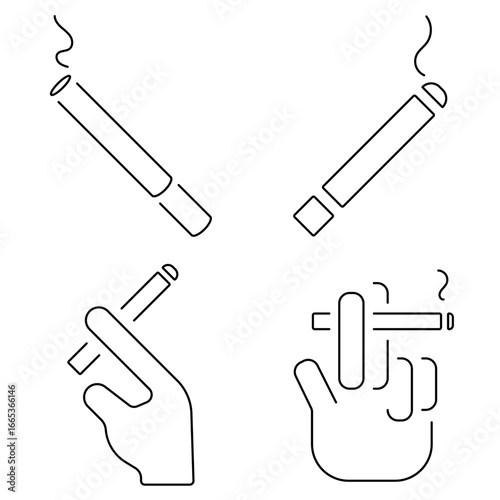 Group of black cigarette icons on a white background. Vector illustration.