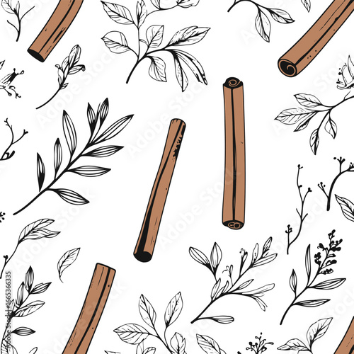Organic cinnamon stick and leaves vector set, simple black ink line art, traditional spice illustration, minimalistic botanical style, perfect for packaging design
