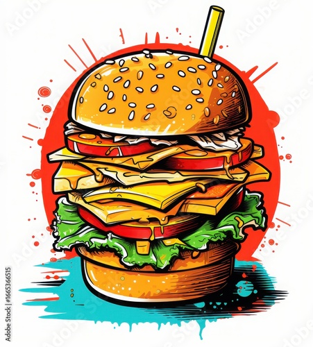A vibrant and artistic illustration of a delicious burger stacked with fresh ingredients, perfect for food-related themes.
