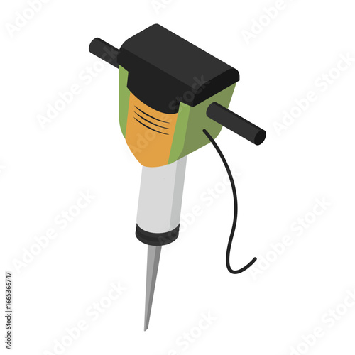 Isometric vector illustration of a professional construction jackhammer tool