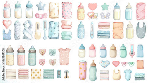 A charming collection of baby essentials in watercolor, including bottles, bibs, pacifiers, onesies, and blankets. Perfect for baby shower invitations or nursery design.