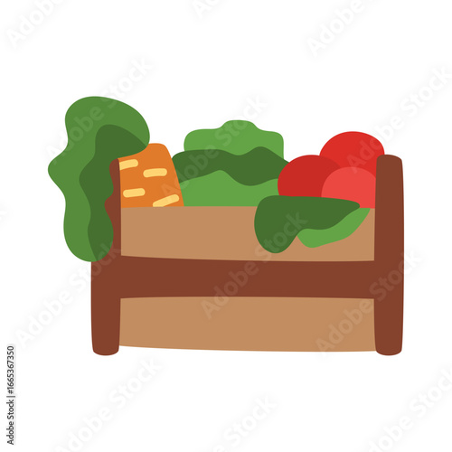 Wooden crate filled with fresh vegetables, tomatoes, lettuce and carrots
