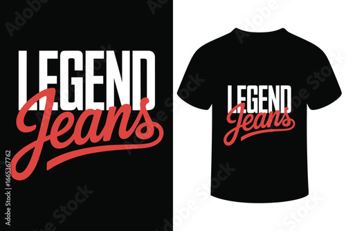 Stylish black t shirt design featuring bold white and red legend jeans text