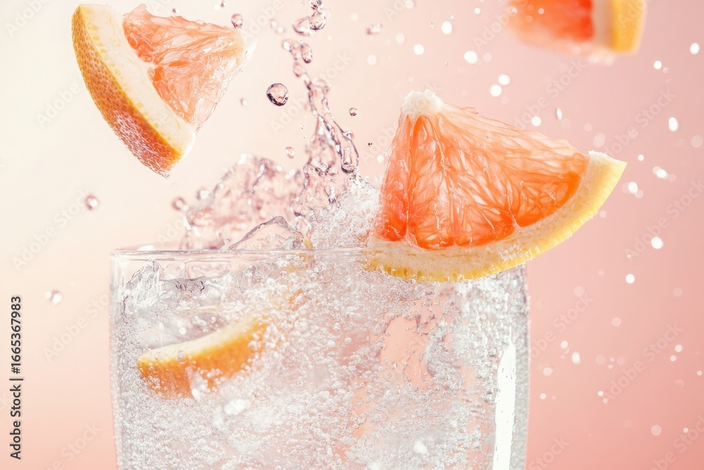 Fototapeta premium Refreshing drink with orange slices splashing in clear water 