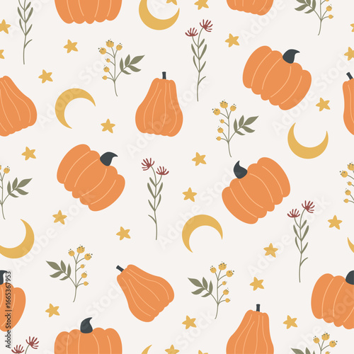 Hand drawn seamless halloween pattern with cute elements in flat style. Botanical and spooky backdrop with flowers, pumpkins, moon and stars. Vector doodle print in pastel colors