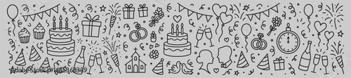 Festive Celebration Doodles Whimsical Line Art Banner Featuring Balloons Cakes Wedding Elements and Confetti for Party and Event Design