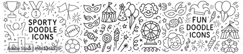 Whimsical Doodle Icons Celebrating Fun Sports and Festive Carnival Themes a Delightful Black and White Vector Illustration