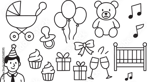 Celebratory Baby Shower Line Art with Pram, Balloons, Gifts, Teddy Bear, Crib and Party Elements for Invitations and Decoration
