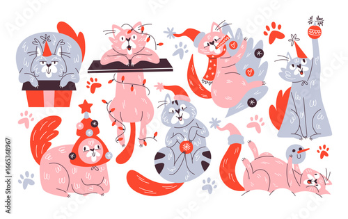 Merry Christmas cats colorful hand drawn cute mischievous naughty animal characters collection