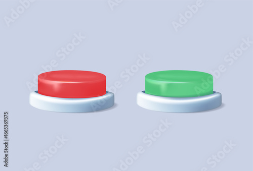 Two buttons, red and green, choosing button to push. Concept of difficult choice between two options, alternatives or opportunities, life dilemma, decision. Vector illustration in 3D render vector