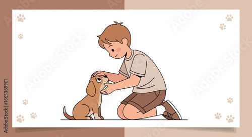 A heartwarming illustration of a boy showing affection to his adorable puppy companion capturing a