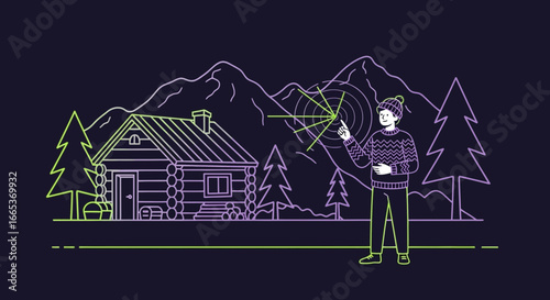 A Line Art Illustration of a Person at a Log Cabin in a Mountainous Winter Landscape