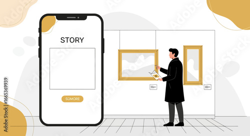 A man using a mobile app in an art gallery to enhance the visitor experience seamlessly blending