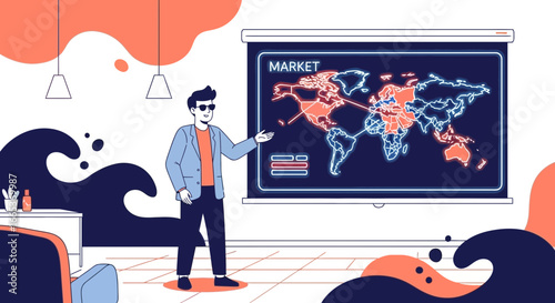 A presentation on global market reach with a stylish presenter and vibrant graphics displaying