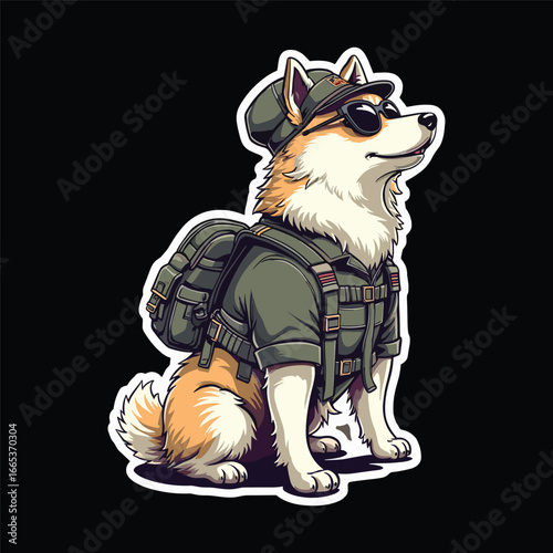 Akita dog in military uniform with backpack and sunglasses