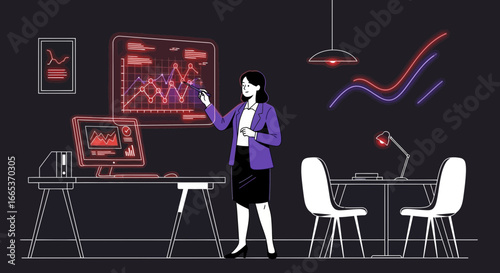 Animated business professional presenting data analysis graphs in modern office space