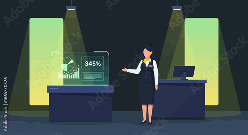 Animated presentation of business growth statistics with woman presenting data at expo