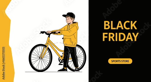 Black Friday bicycle sales promotion with a young man on yellow bicycle minimal vector design for