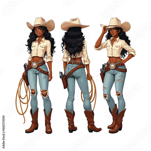 Cowgirl character illustration three poses vector graphic
