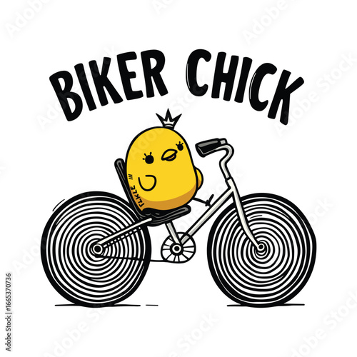 Cute yellow chick riding a bicycle with spiral wheels, biker chick design, vector illustration