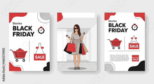 Black Friday sale stories template, showcasing a woman shopping in a store with shopping bags