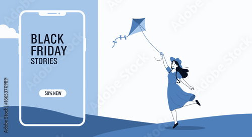 Black Friday stories concept with woman playing kite illustration advertising sale