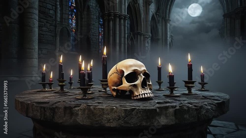 Creepy human skull surrounded by burning candles, dark gothic background with fog, cinematic Halloween horror style.