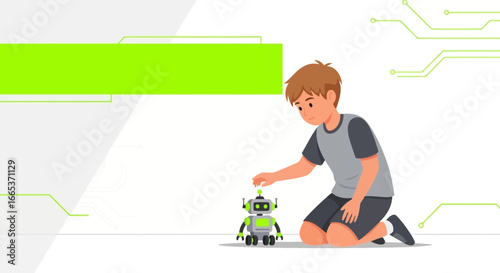 Boy interacts with friendly robot in an innovative setting featuring circuit designs