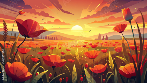 Sunset glows warmly over vibrant poppies flower field, crimson blossoms dancing softly in golden light, horizon whispers serenity, timeless beauty radiates harmony, eternal nature inspires peace, land