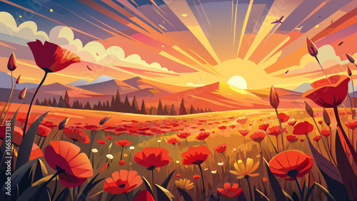 Sunset glows warmly over vibrant poppies flower field, crimson blossoms dancing softly in golden light, horizon whispers serenity, timeless beauty radiates harmony, eternal nature inspires peace, land